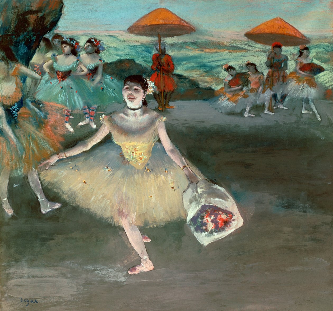 Tanečnice s kyticí, klanění, 1877 (pastel na papíře) od Edgar Degas