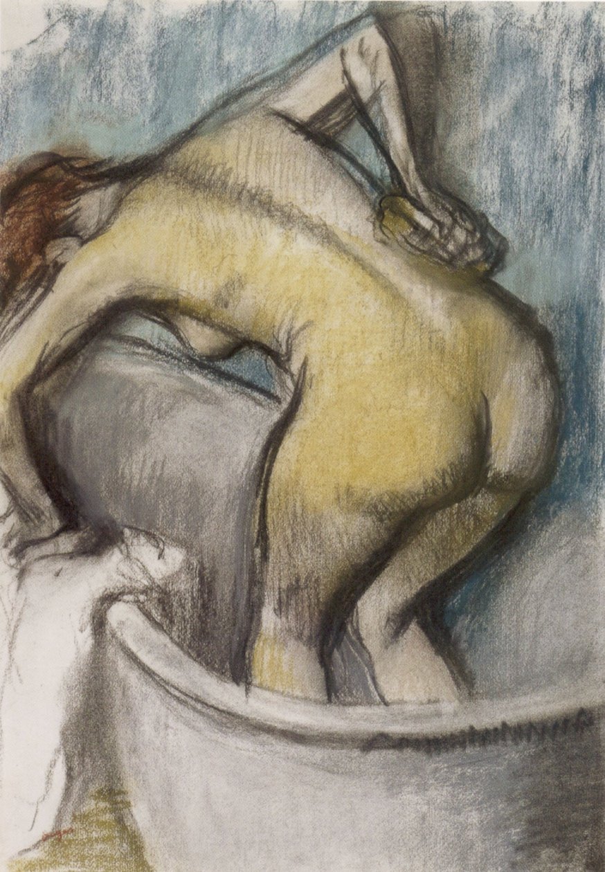 Koupající se žena si podpírá záda, pastel na papíře, kolem roku 1887 od Edgar Degas