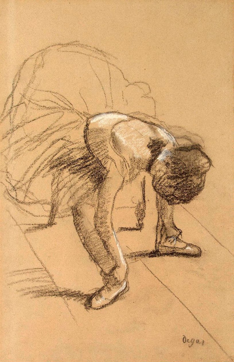 Sedící tanečnice upravuje boty, c1876. od Edgar Degas