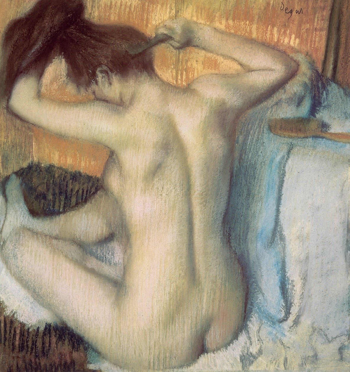 Žena si česá vlasy, kolem roku 1885 (pastel) od Edgar Degas