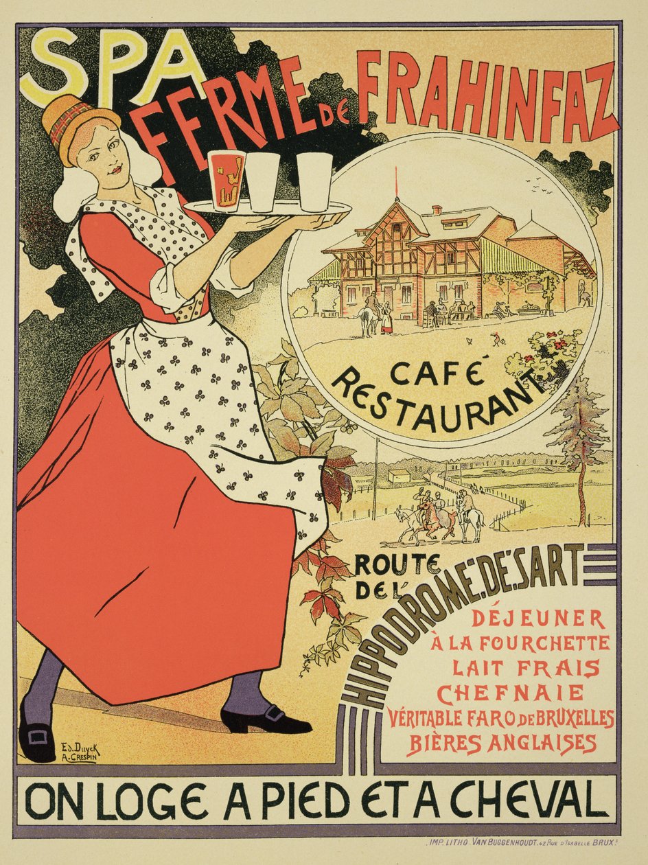 Plakát inzerující Ferme de Frahinfaz, kavárnu a restauraci poblíž Spa, Belgie, 1896 od Adolphe Louis Charles Crespin