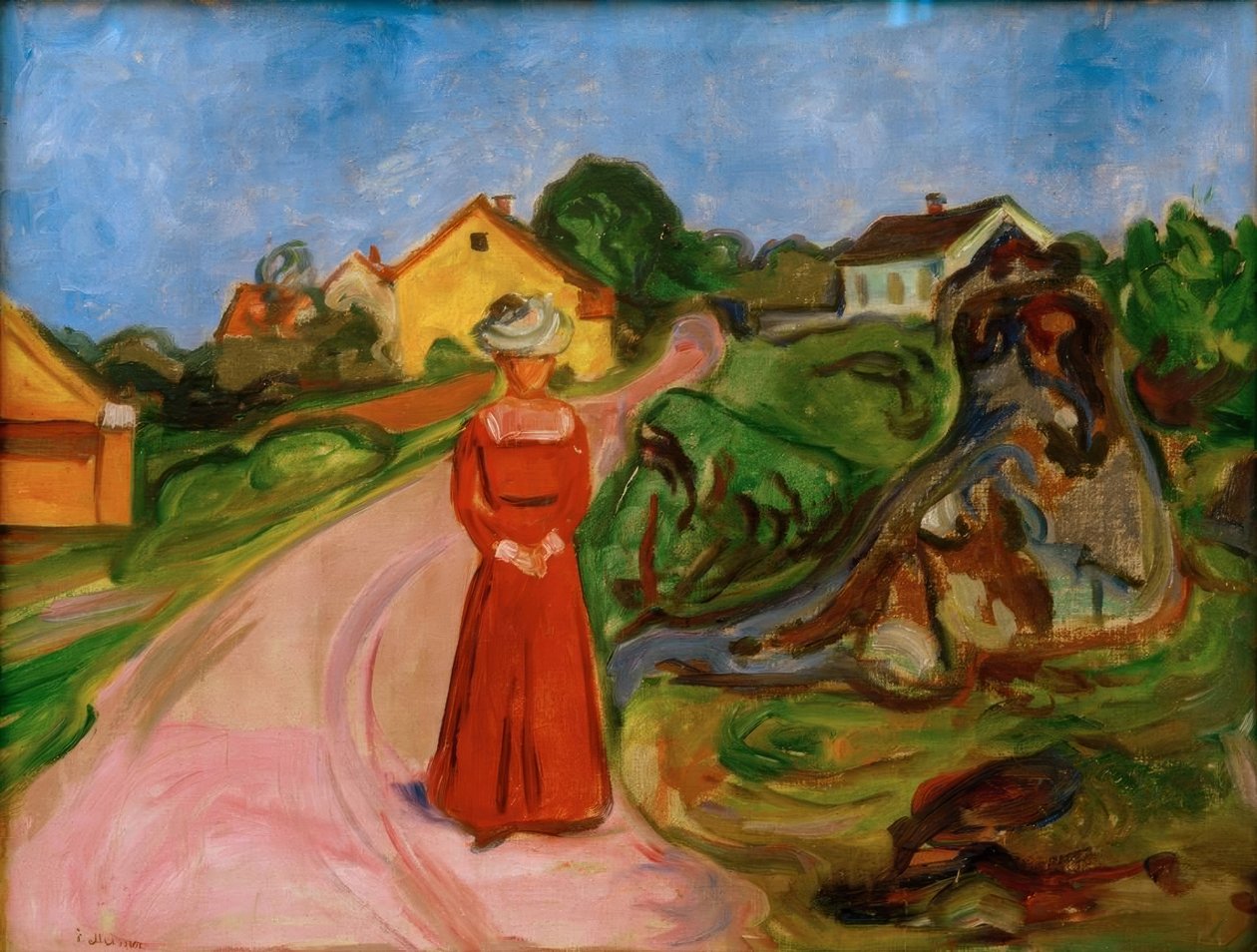 Žena v červených šatech (ulice v Åsgårdstrand) od Edvard Munch