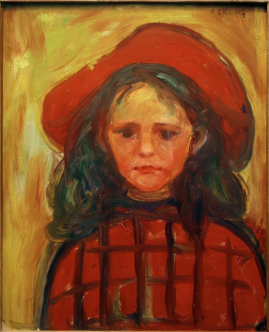 Dívka s červenými kostkovanými šaty a červeným kloboukem od Edvard Munch