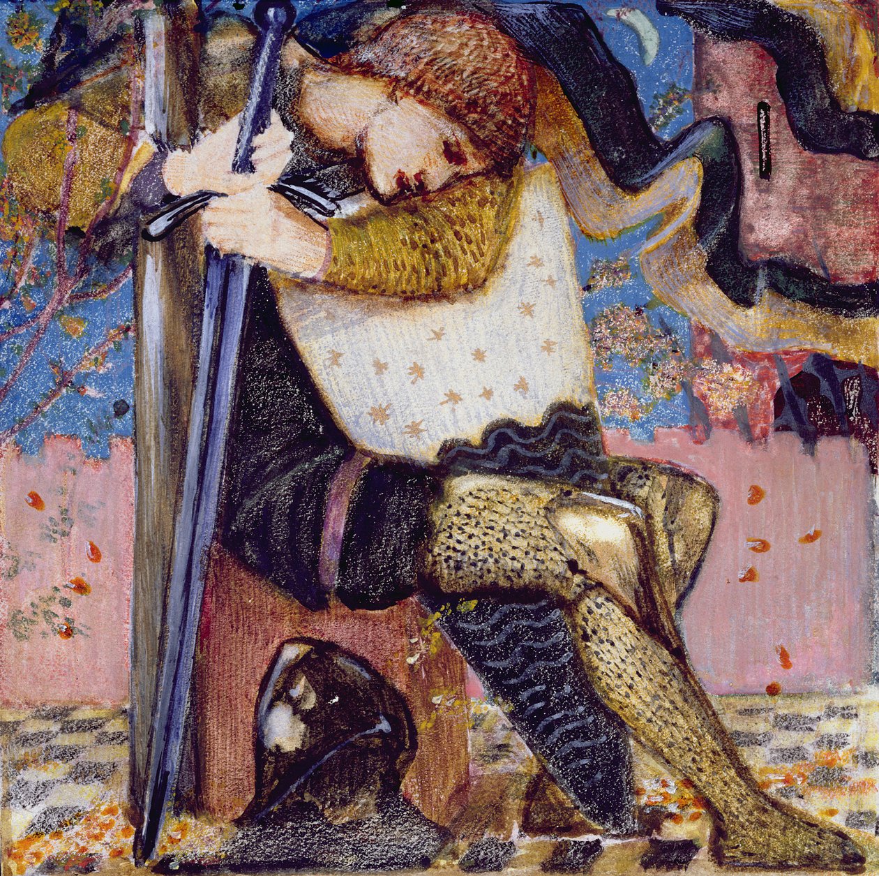 Arthur s Excaliburem (kvaš a zlatá barva na pergamenu) od Edward Burne Jones