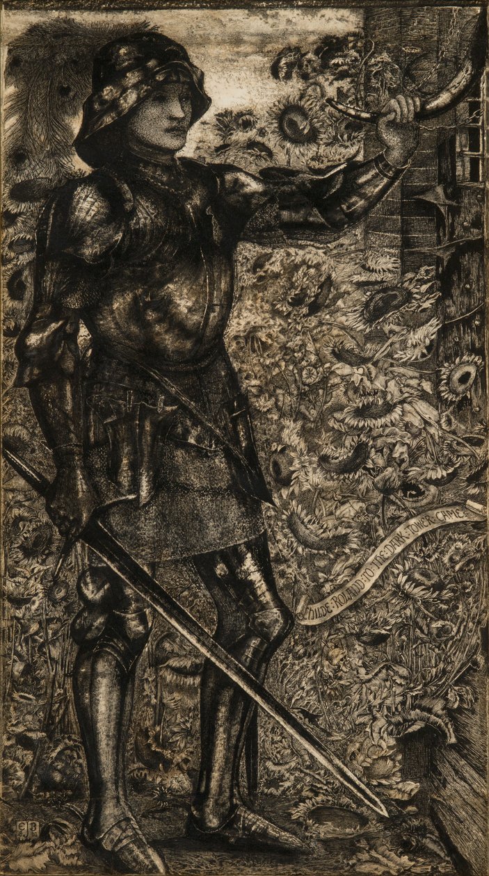 "Dítě Roland přišlo k Temné věži", 1861 (pero, tuš a šedá barva) od Edward Burne Jones