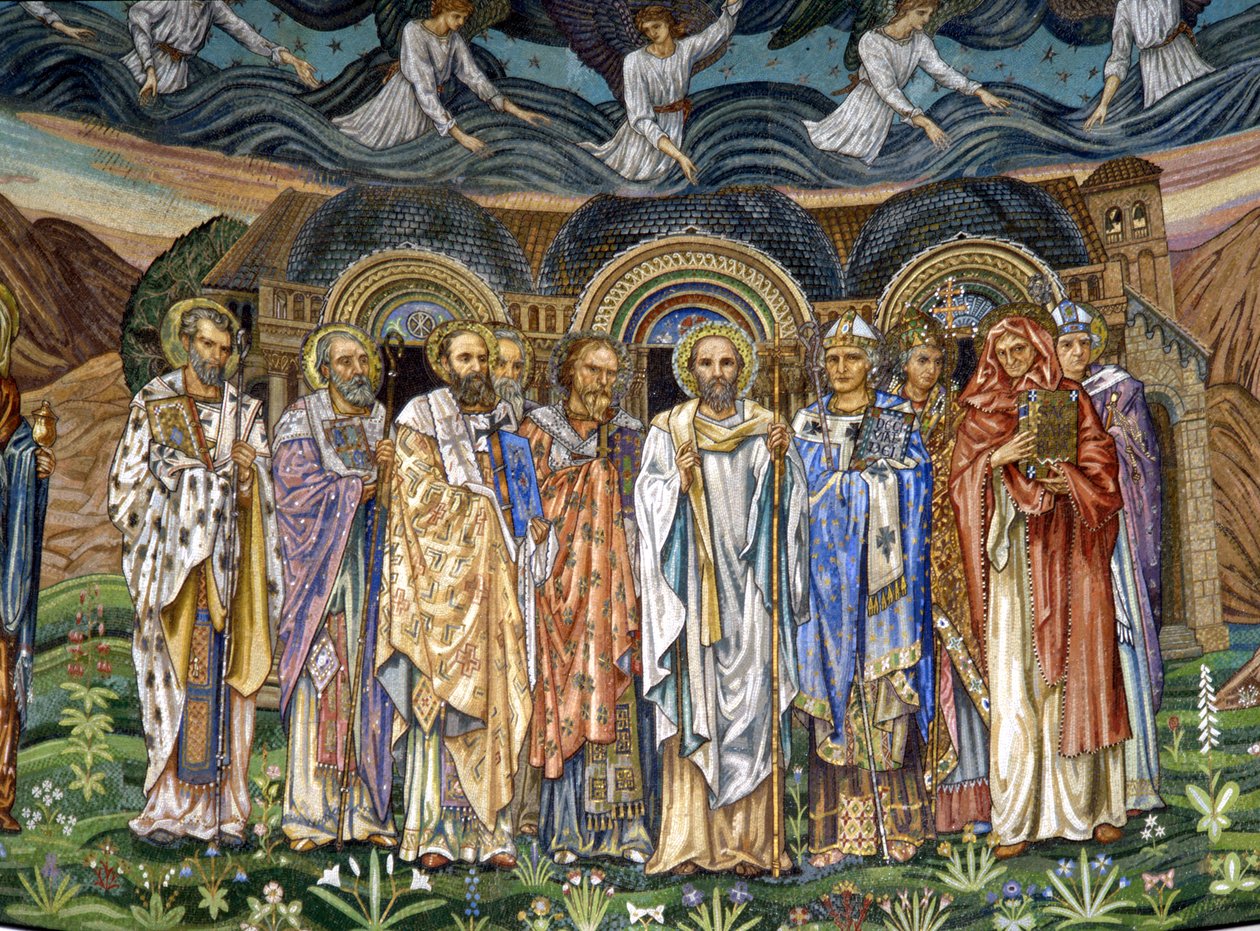 Pět otců východní církve s pěti otci západní církve, 80.–90. léta 19. století (mozaika) od Edward Burne Jones