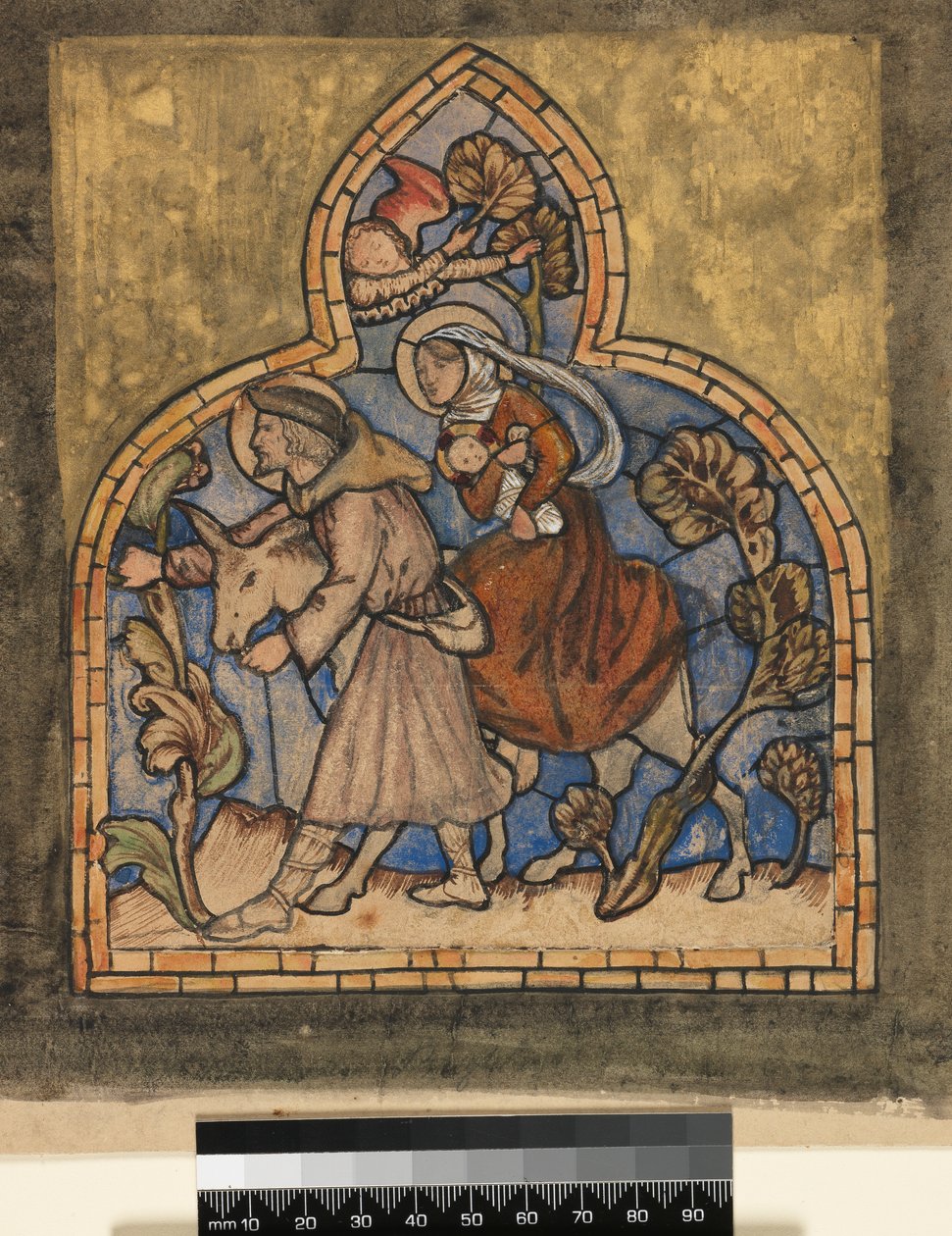 The Flight into Egypt, 1862, design pro okno z barevného skla (wc a černý inkoust přes tužku) od Edward Burne Jones