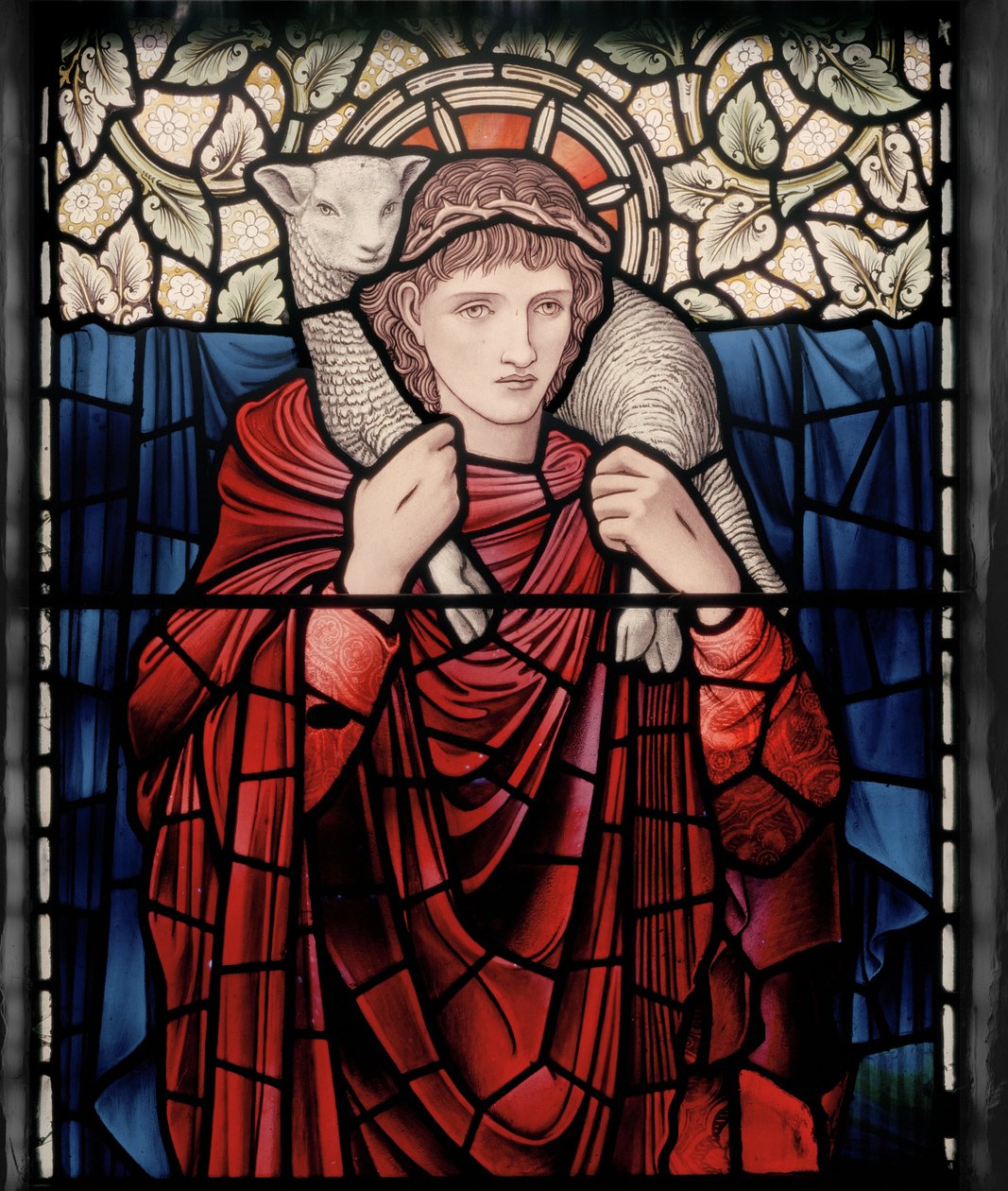 Birmingham, Ward End, St Margaret, Morris & Co., Edward Burne-Jones, John Henry Dearle (1859-1932), The Good Shepherd, detail, 1902, Brampton Cumbria, Titcomb, Wren od Edward Coley and Dearle Burne Jones