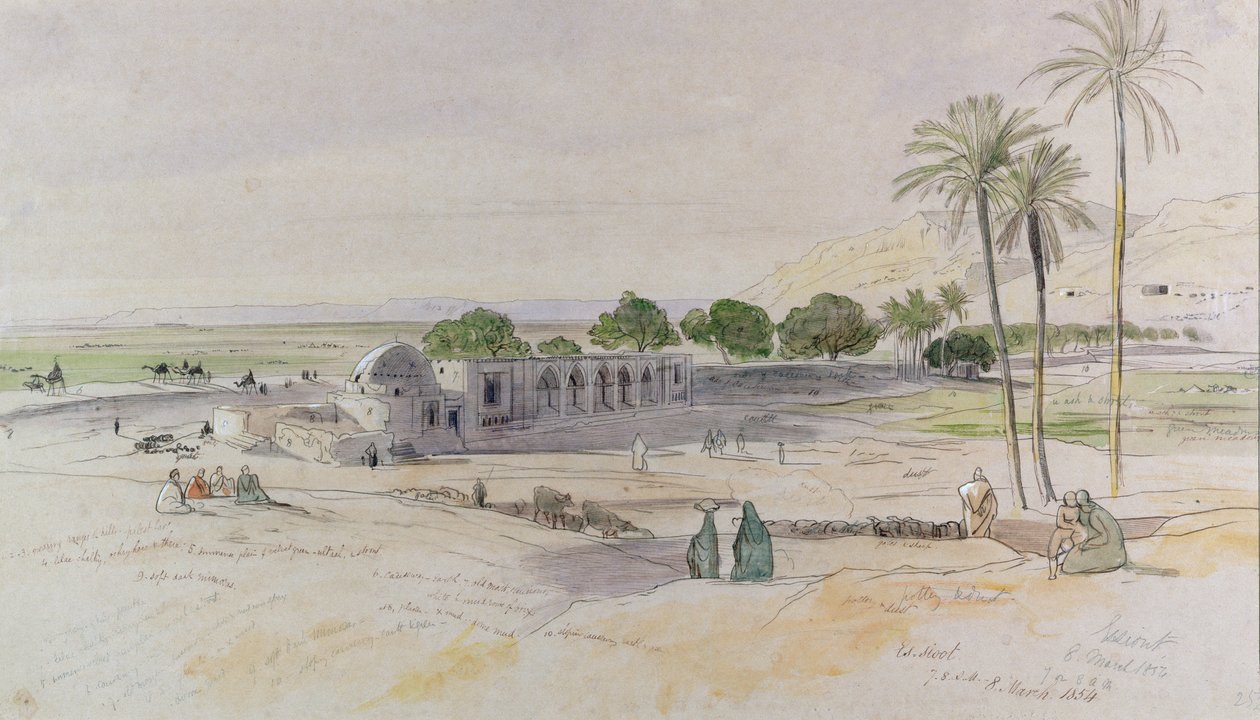 Vádí, Es-Sioot, Egypt, 1854 (čb, pero a tuš) od Edward Lear