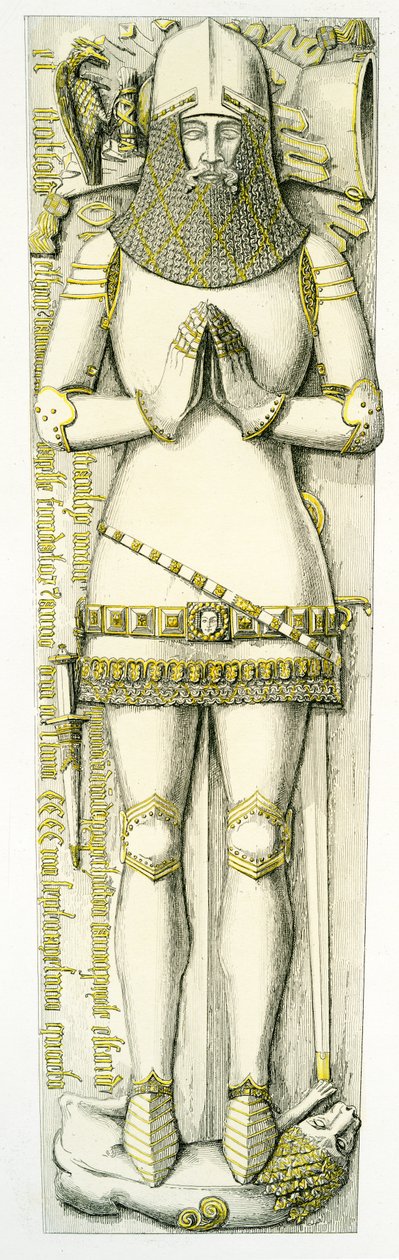 Podobizna sira Johna Stanleyho, kostel svatého Petra, Elford, Staffordshire, Anglie, 1848-9 (ručně kolorovaná rytina) od Edward M. Richardson