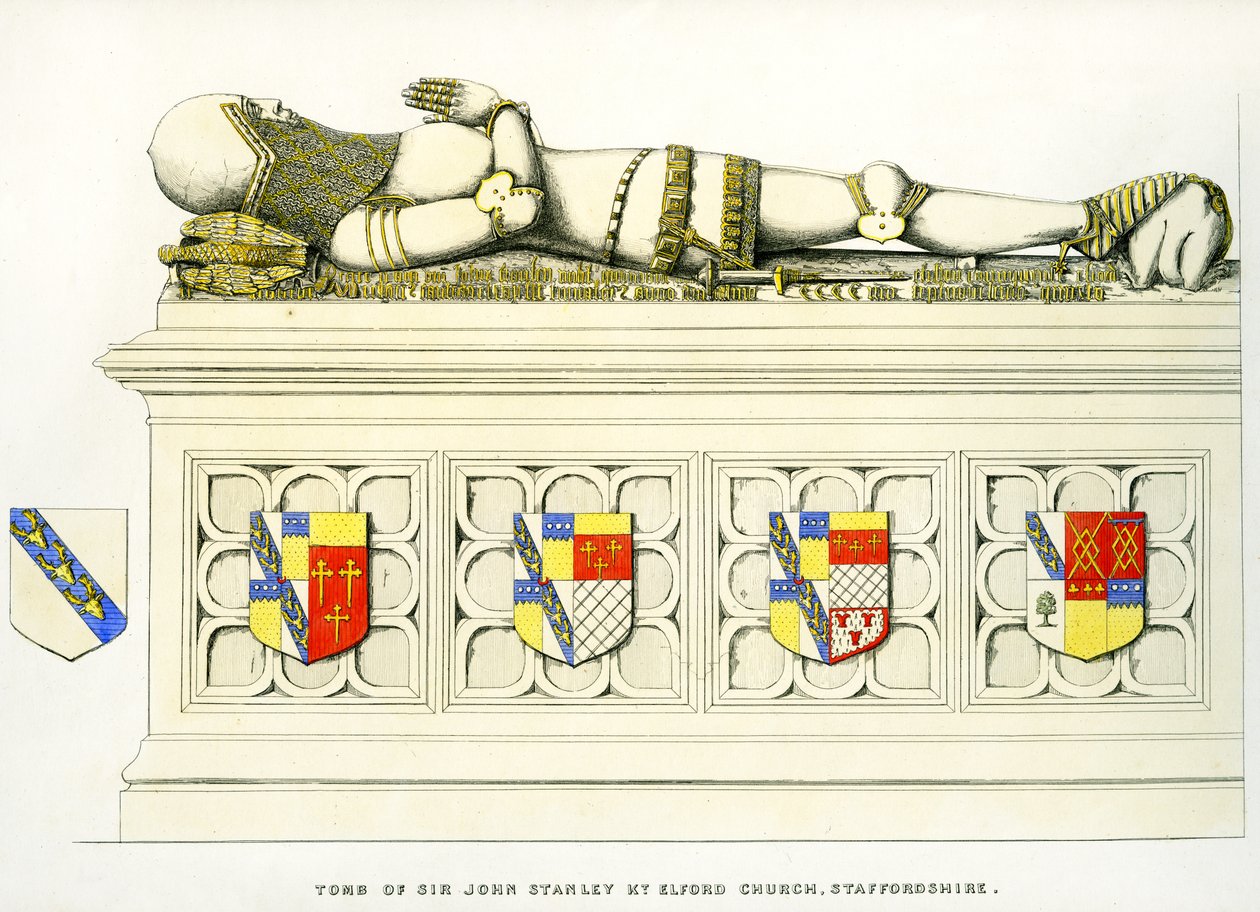 Podobizna sira Johna Stanleyho, kostel svatého Petra, Elford, Staffordshire, Anglie, 1848-9 (ručně kolorovaná rytina) od Edward M. Richardson