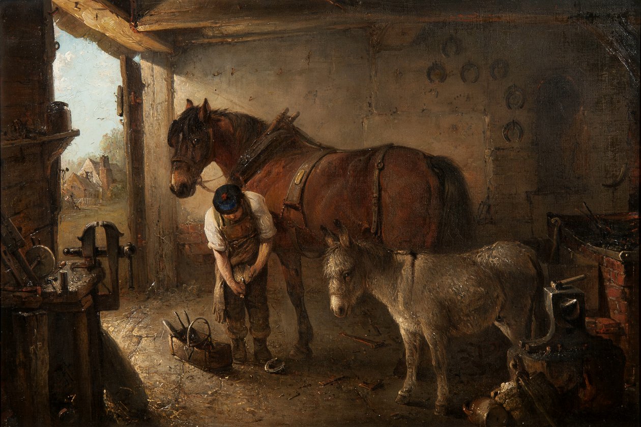 Podkovář obul pluhového koně s oslem v interiéru kovárny. od Edward Robert Smythe