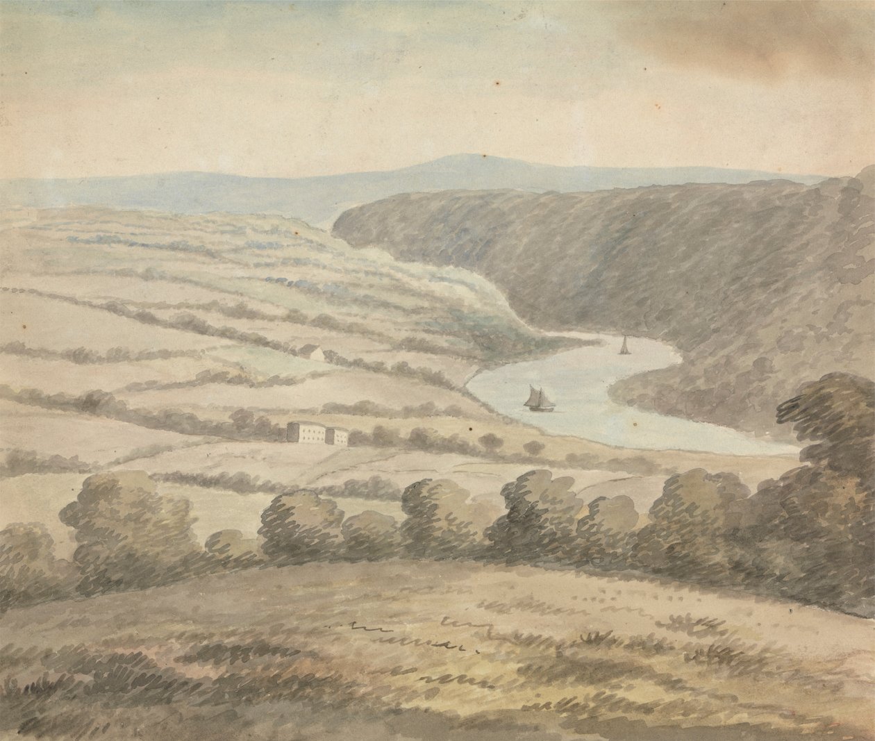 Říční krajina s loděmi od Edward Francis Burney