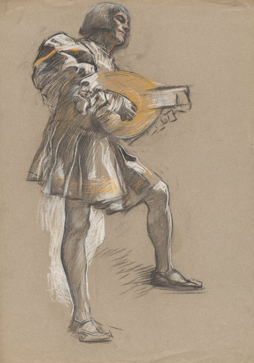 Postava s mandolínou ve středověkém kostýmu. od Edwin Austin Abbey