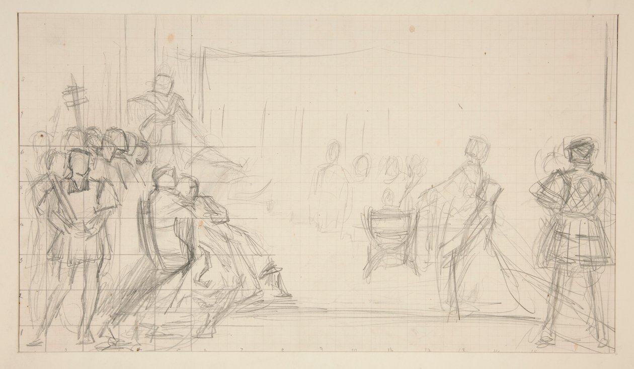 Proces s královnou Catharine, studie od Edwin Austin Abbey