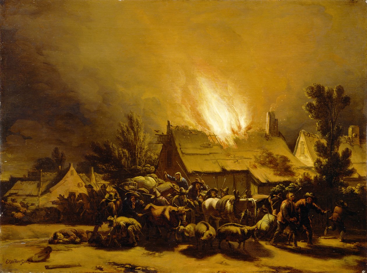 Sedláci prchající z hořící stodoly, asi 1655 (olej na dubové desce) od Egbert van der Poel