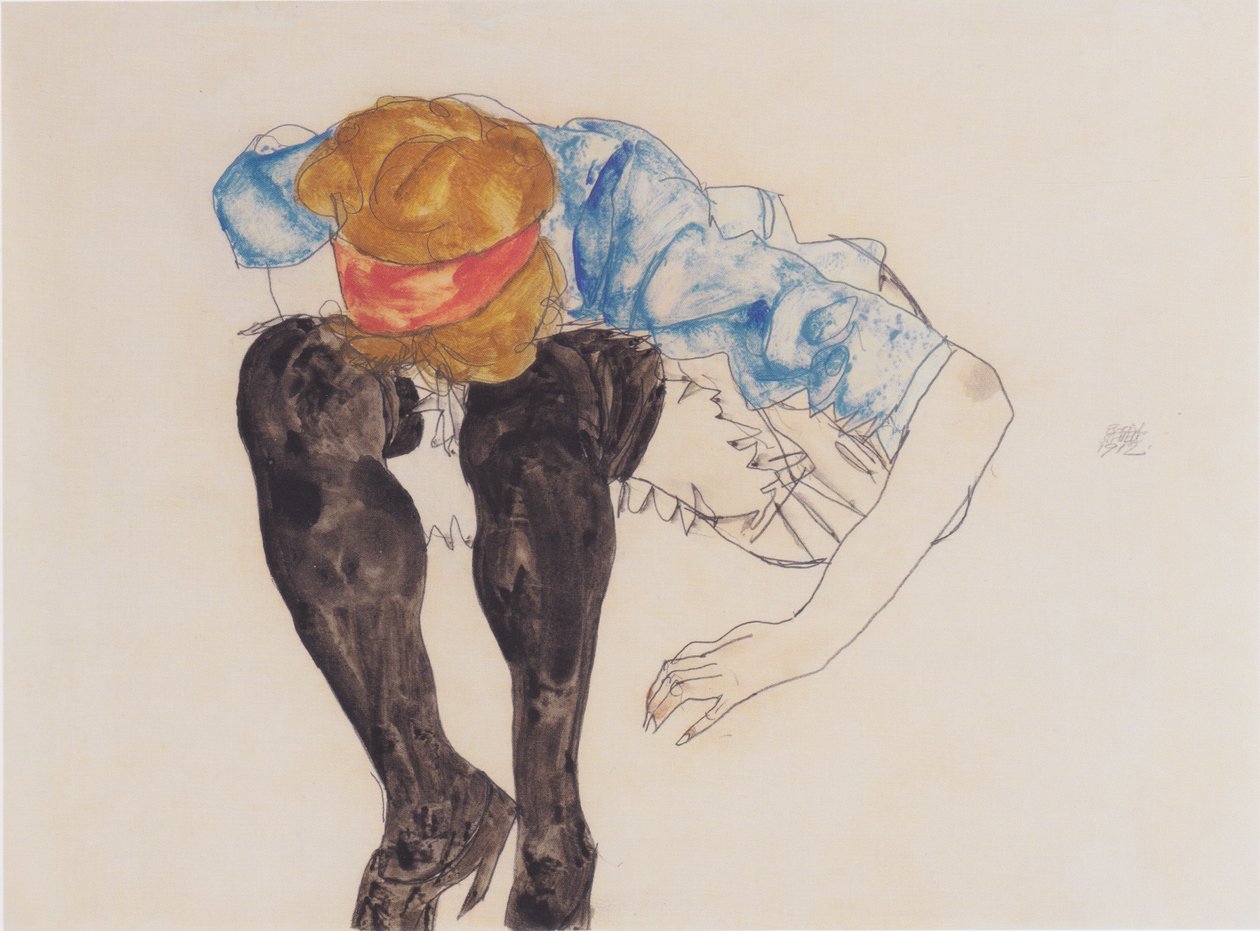 Blondýnka, skloněná v černých punčochách od Egon Schiele
