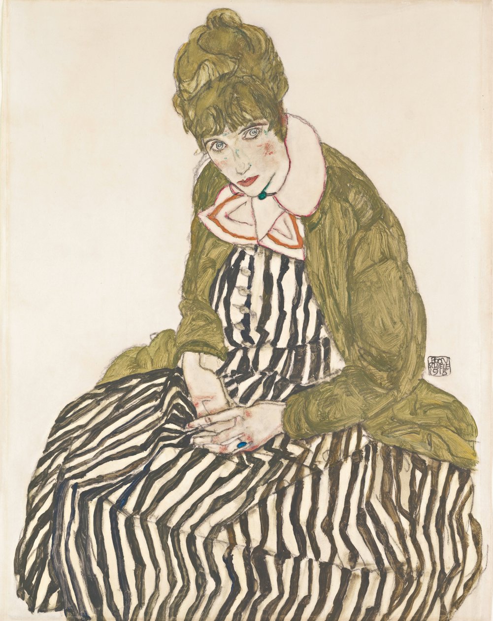 Edith s pruhovanými šaty, sedící od Egon Schiele
