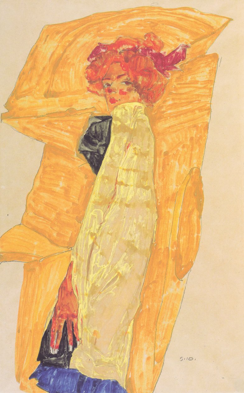 Gerti před závěsem okrové barvy od Egon Schiele