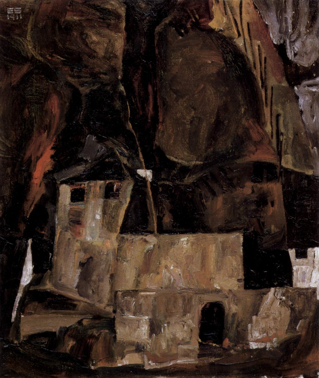 Zeď a dům před kopcovitým terénem s plotem od Egon Schiele