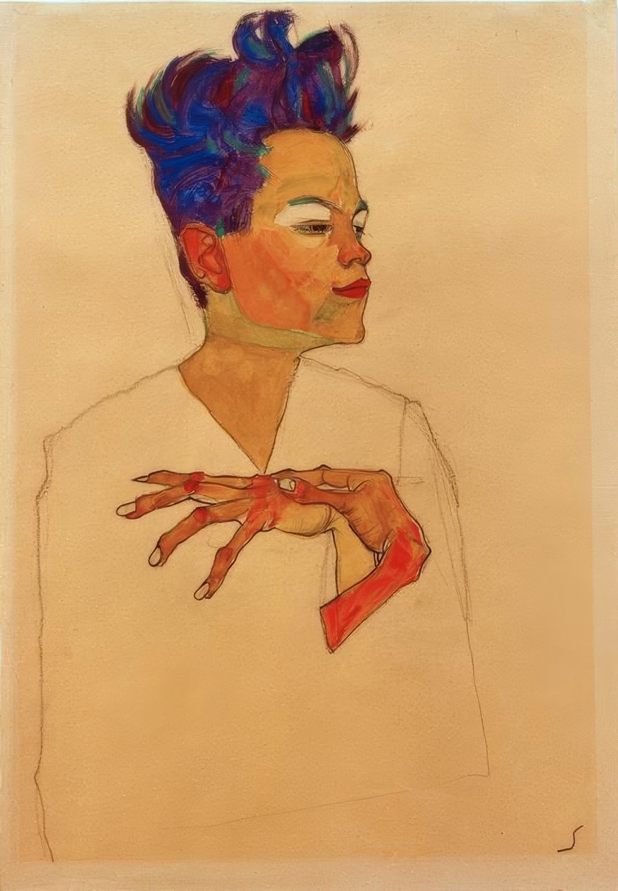 Autoportrét s rukama na hrudi od Egon Schiele