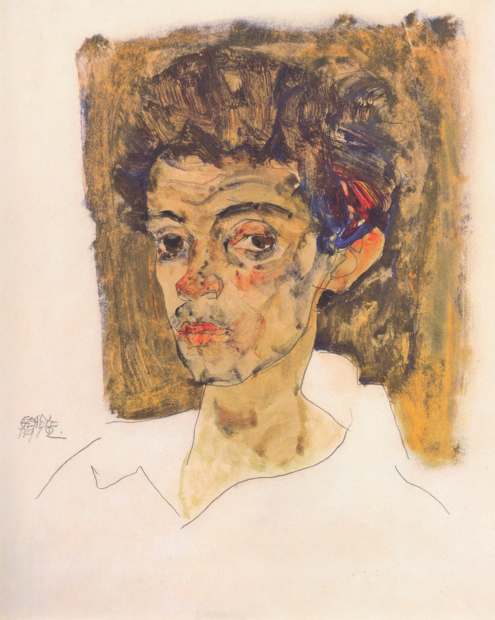 Autoportrét na hnědém pozadí od Egon Schiele