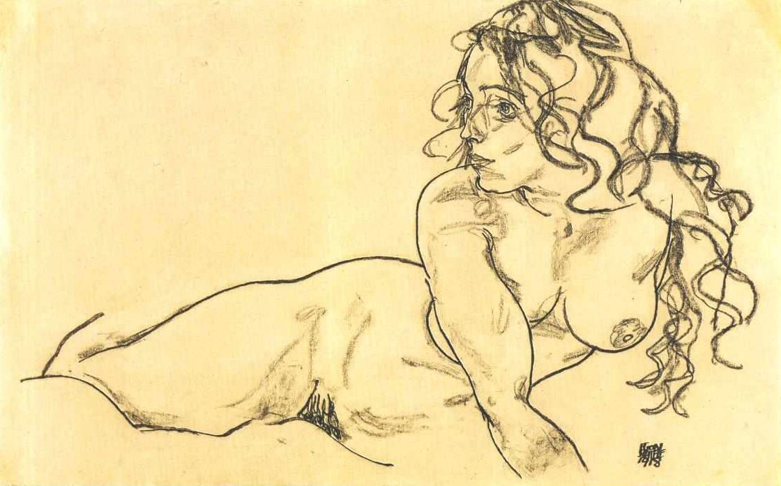 Šikmá nahá žena s dlouhými vlasy od Egon Schiele
