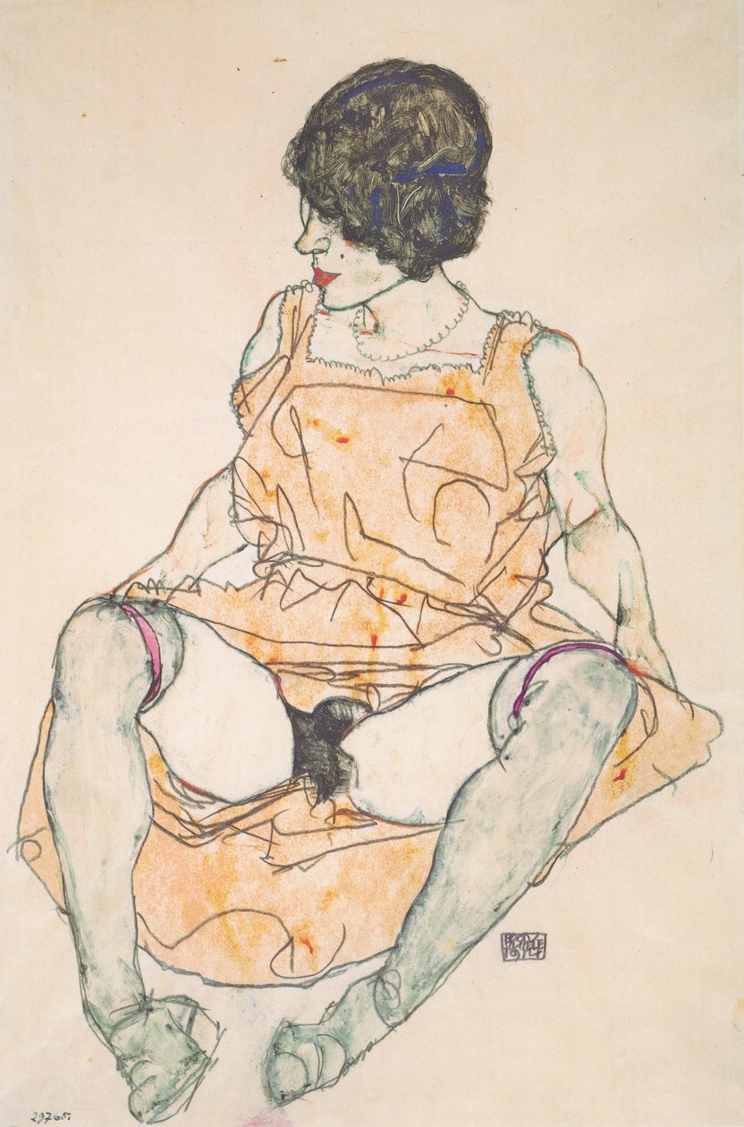 Sedící žena s roztaženými šaty od Egon Schiele