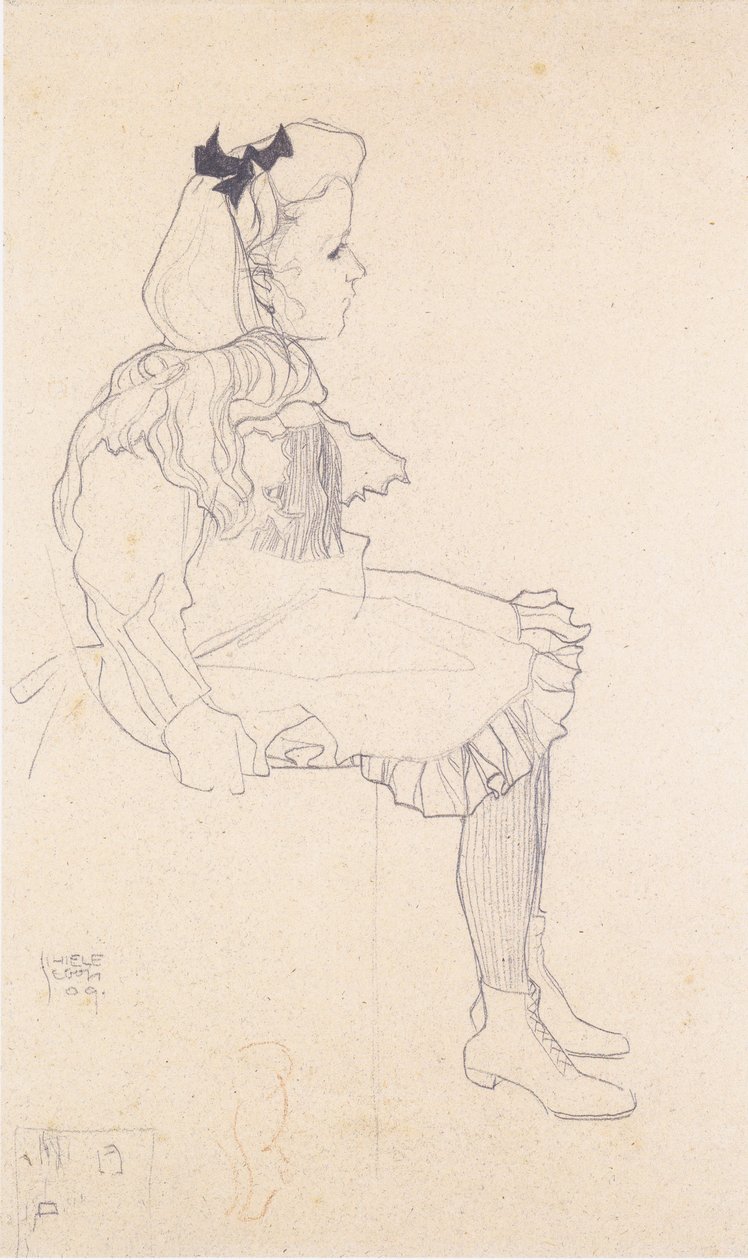 Sedící dívka se smyčkou vlasů od Egon Schiele