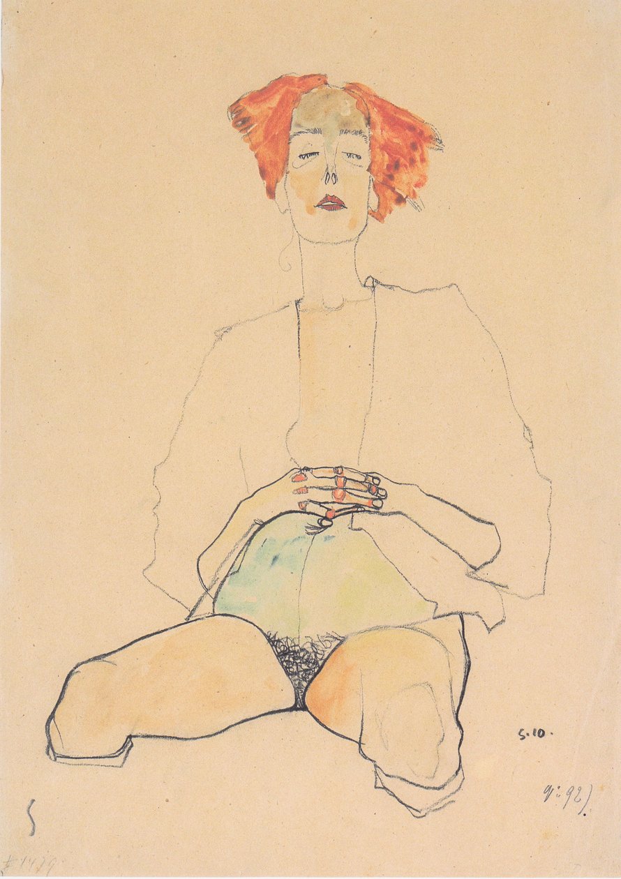 Sedící napůl nahá s červenými vlasy od Egon Schiele