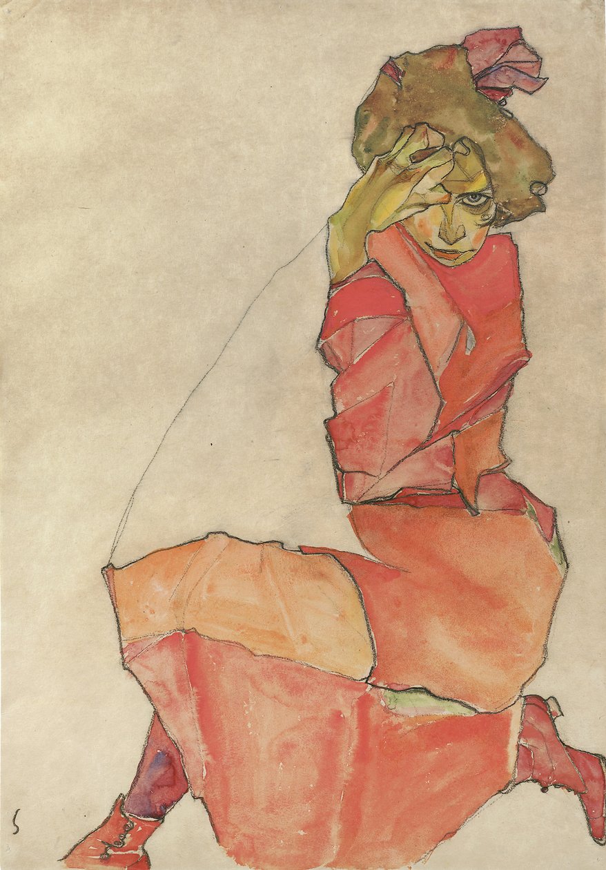 Klečící žena v oranžovo-červených šatech, 1910 od Egon Schiele