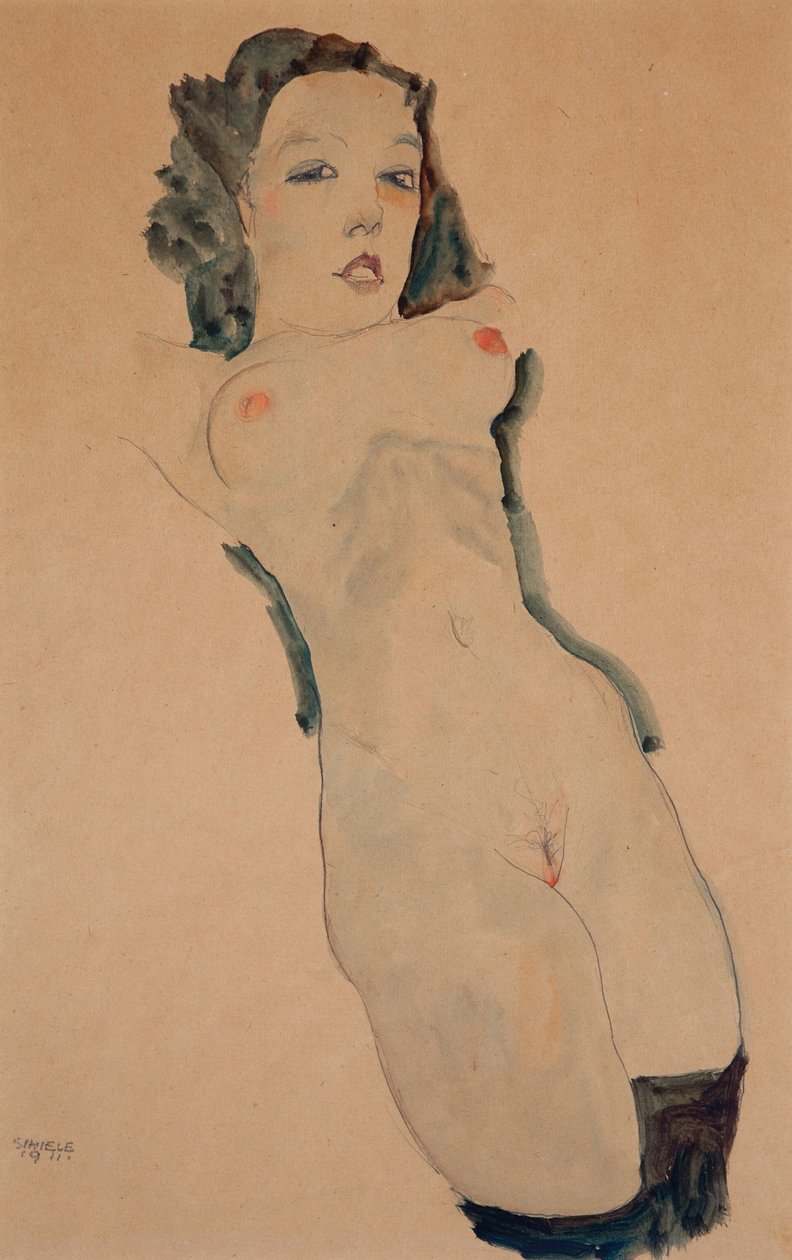Ležící akt s černými punčochami od Egon Schiele