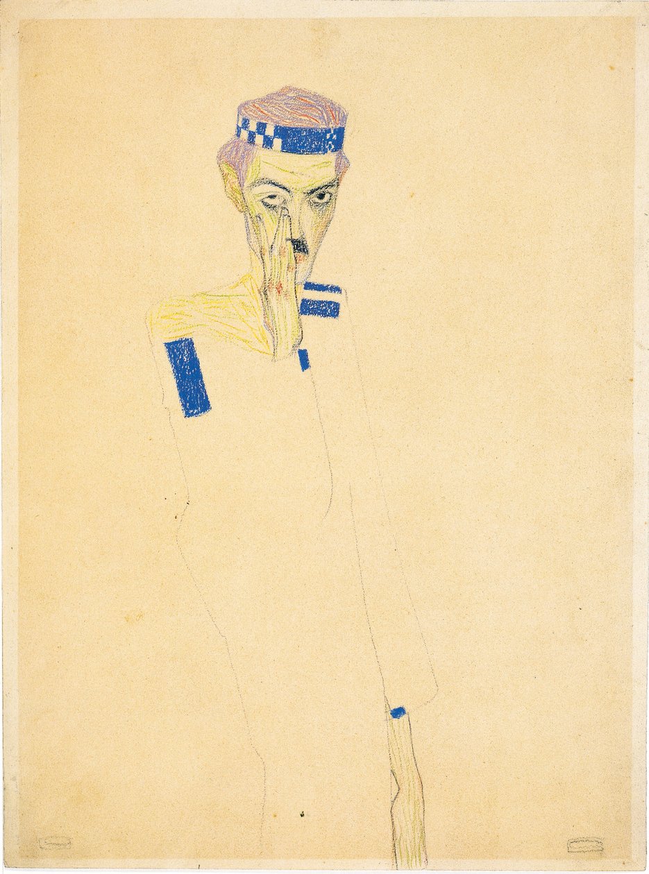 Autoportrét s modrou kostkovanou čelenkou, 1909. od Egon Schiele
