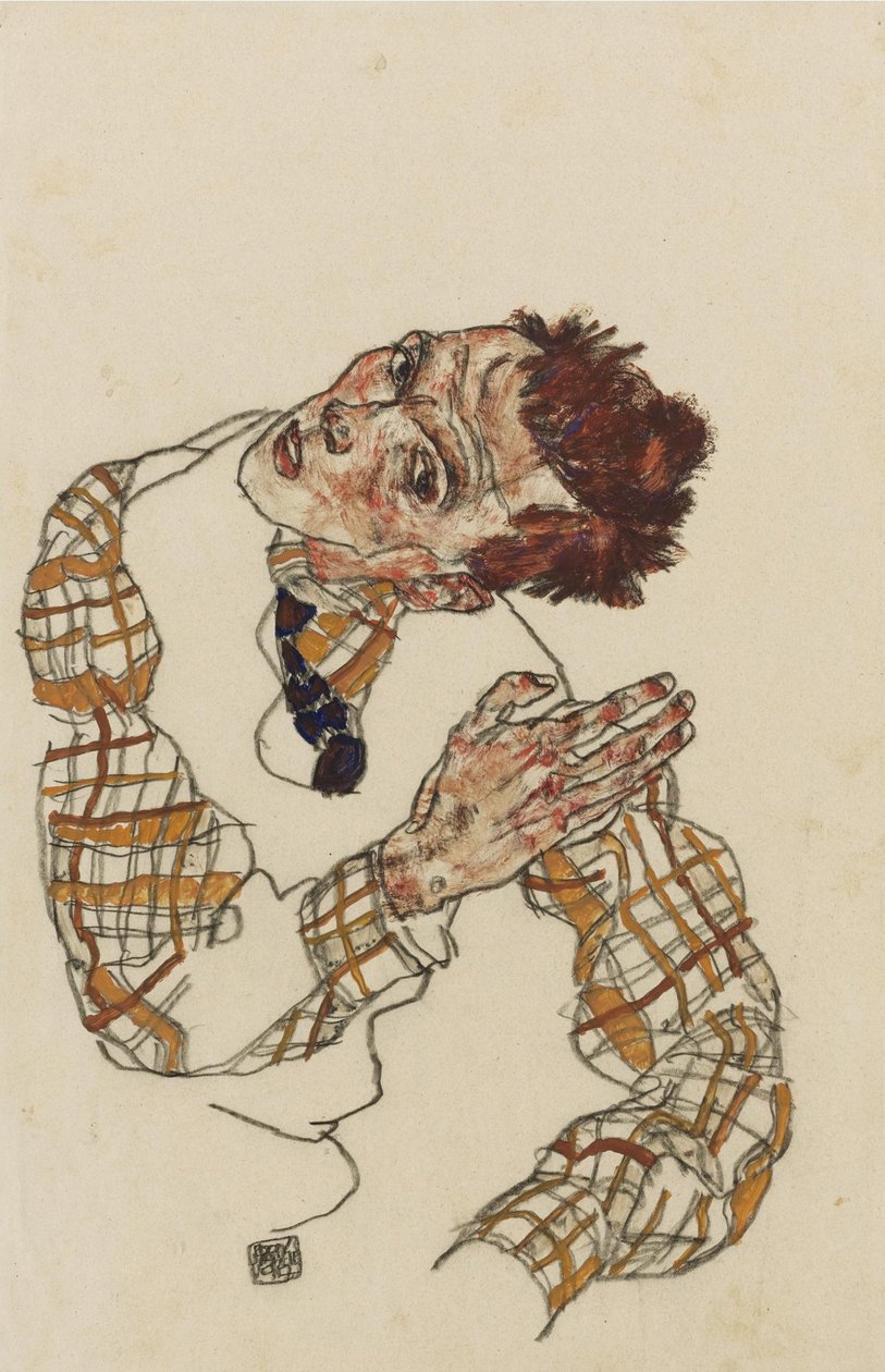 Autoportrét s kostkovanou košilí, 1917 od Egon Schiele