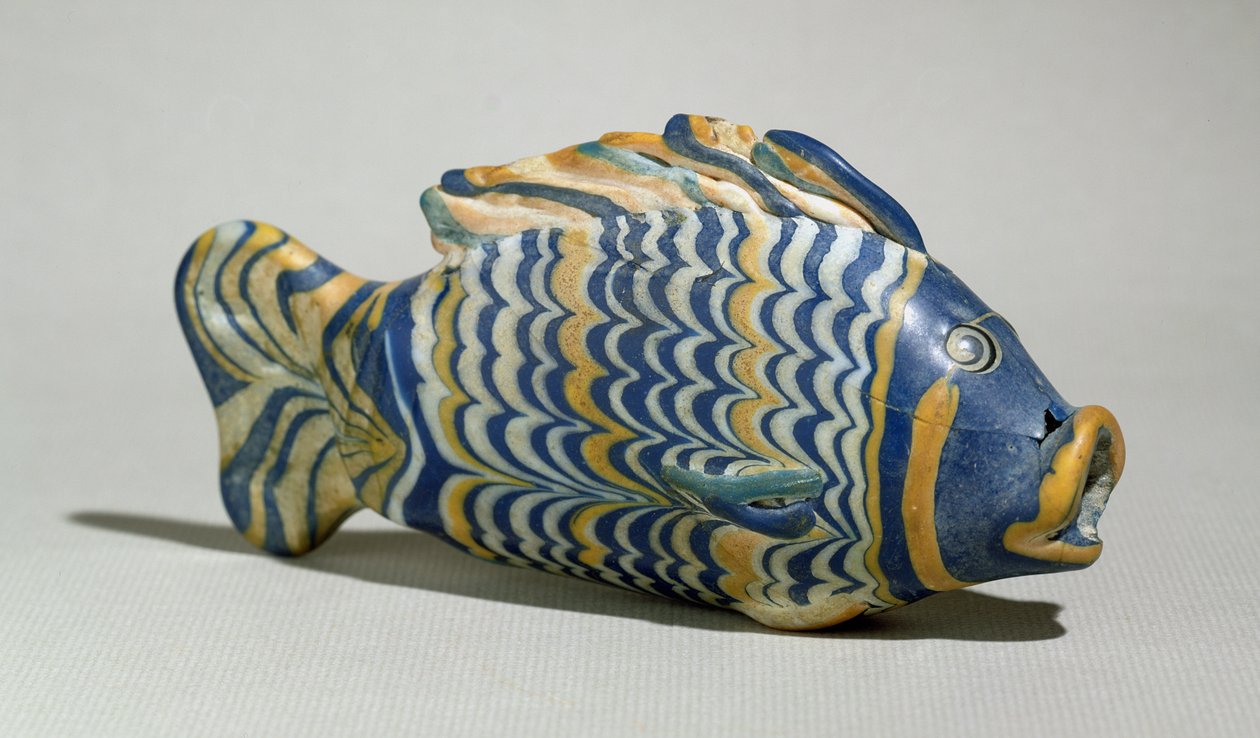 Kosmetická nádoba ve tvaru ryby z Tell el-Amarny, Nová říše, asi 1390-1336 př. n. l. (polychromované sklo) (viz také 348552) od Egyptian 18th Dynasty