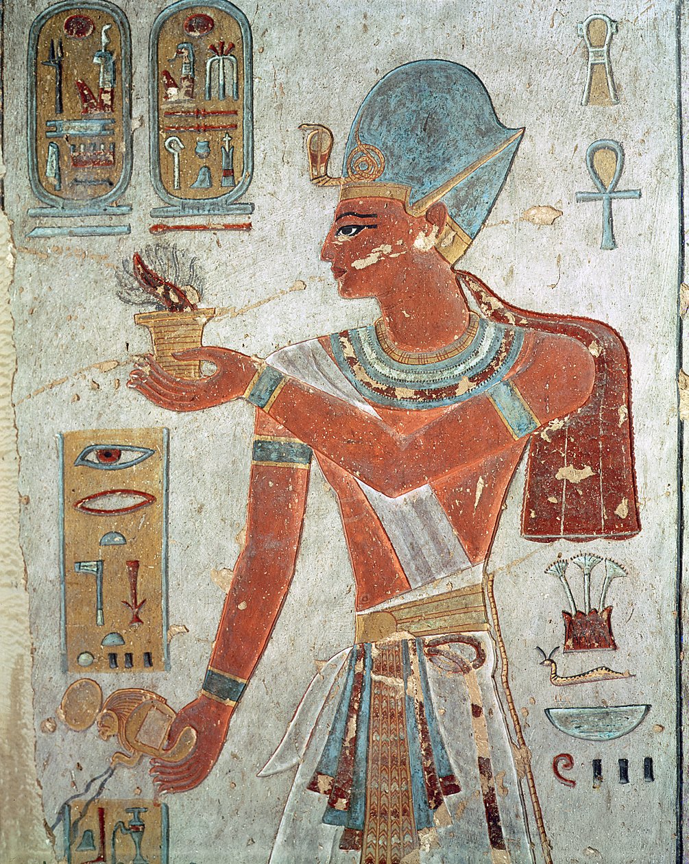 Ramesse III (asi 1184-1153 př.nl) v bojovém oděvu, z hrobky Ramesse III, Nová říše (nástěnná malba) od Egyptian 19th Dynasty