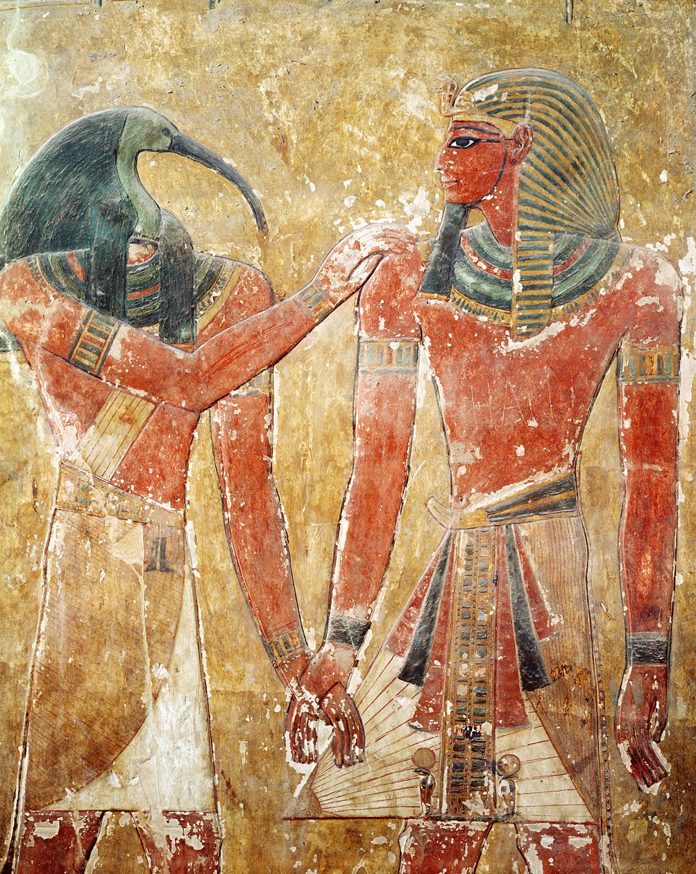 Bůh Thoth se Seti I (1394-1279 př.nl) v hrobce Seti I, Nová říše (malovaný kámen) od Egyptian 19th Dynasty