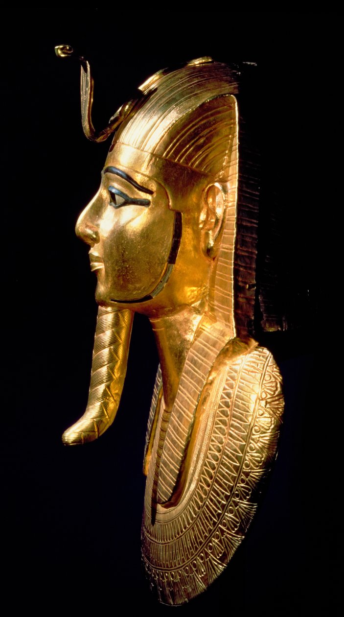 Pohřební maska Psusennes I (asi 1039-991 př.nl) Třetí přechodné období (zlato vykládané lapis lazuli a černobílé sklo) od Egyptian 21st Dynasty