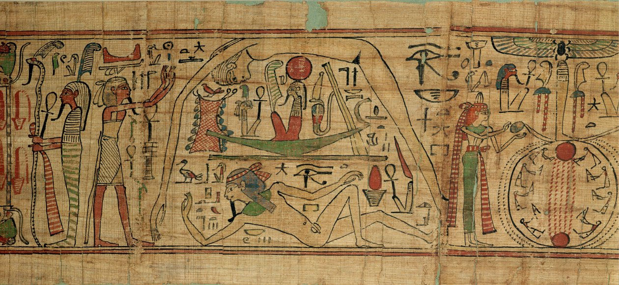 Detail z papyru Nespakashuty zobrazující boha Geba (země) odděleného od své manželky, bohyně Nut (nebe) Třetí přechodné období (papyrus) od Egyptian 21st Dynasty