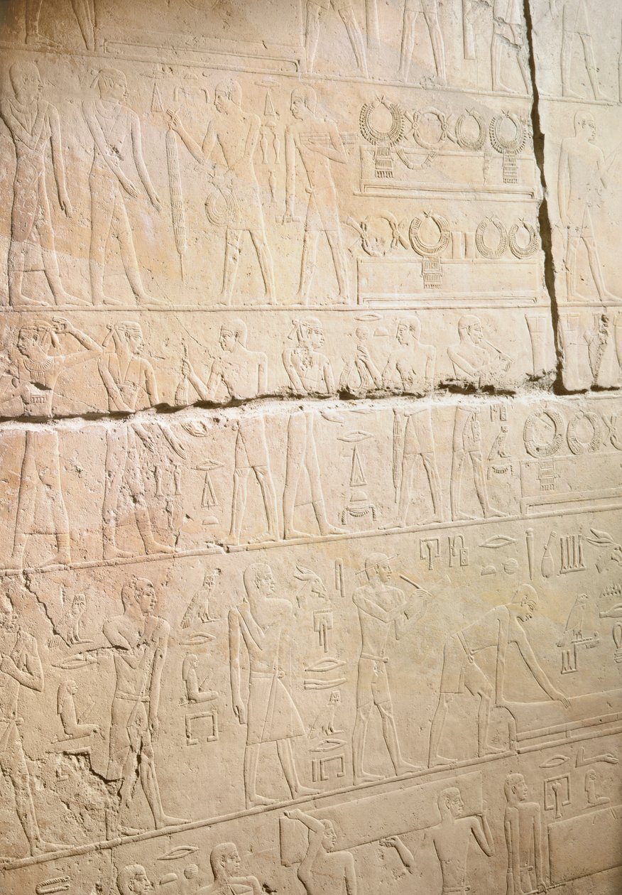 Reliéf z Mastaby z Akhethotepu zobrazující výměnu náhrdelníků ze Sakkáry ve Staré říši (malovaný vápenec) od Egyptian 5th Dynasty