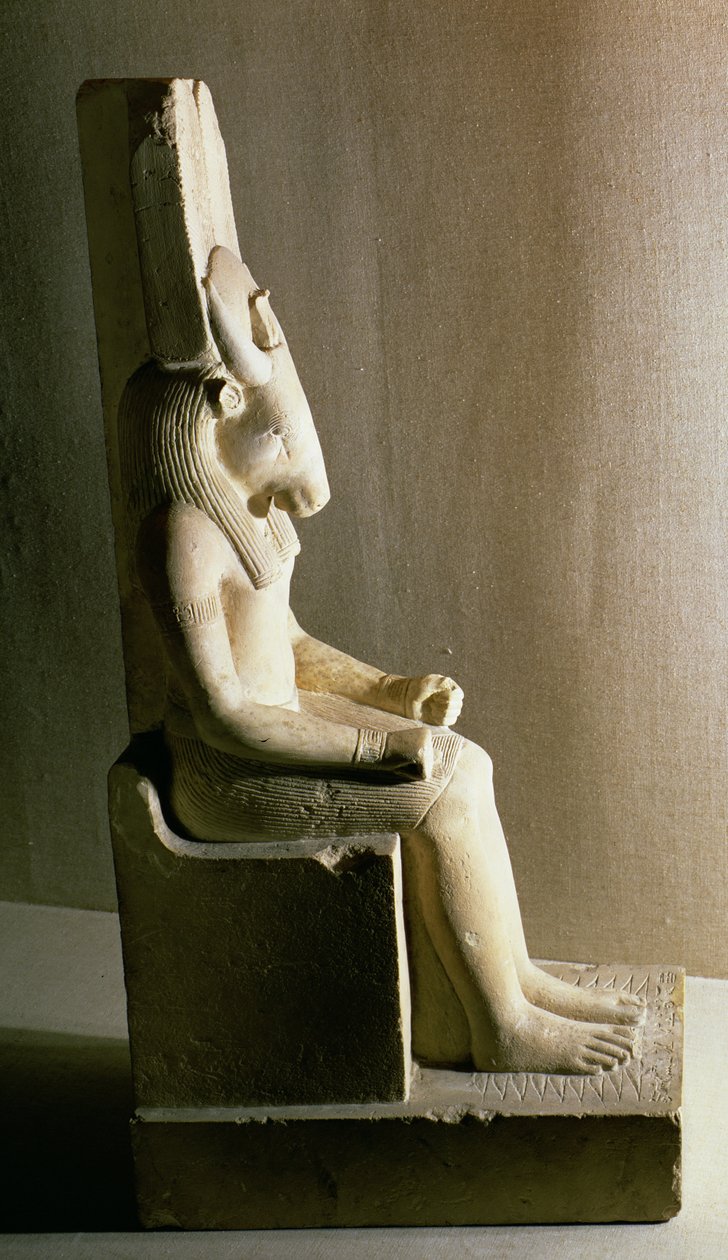 Socha boha Montu s hlavou býka, z Medamuda (vápenec) od Egyptian Ptolemaic Period