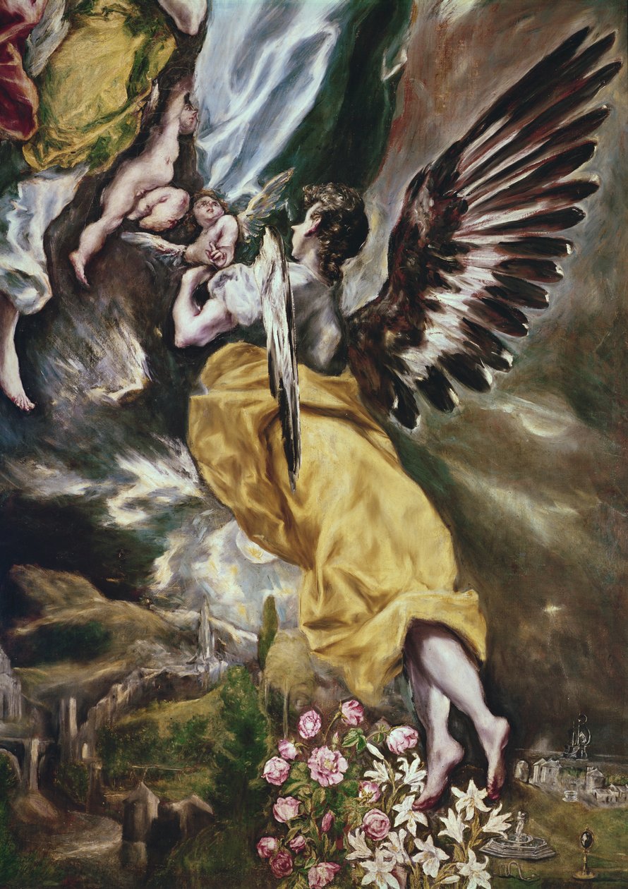 Neposkvrněné početí (detail anděla, květin, mariánských atributů a Toleda) 1607-13 (viz také 90015) od El Greco