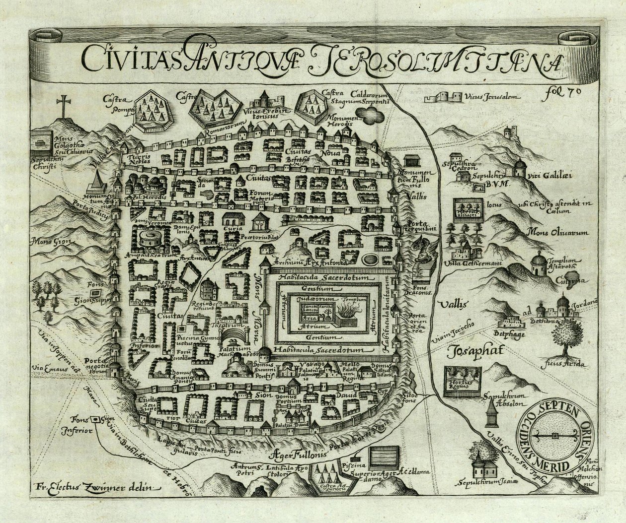 Mapa Jeruzaléma, 1661 od Electus Zwinner