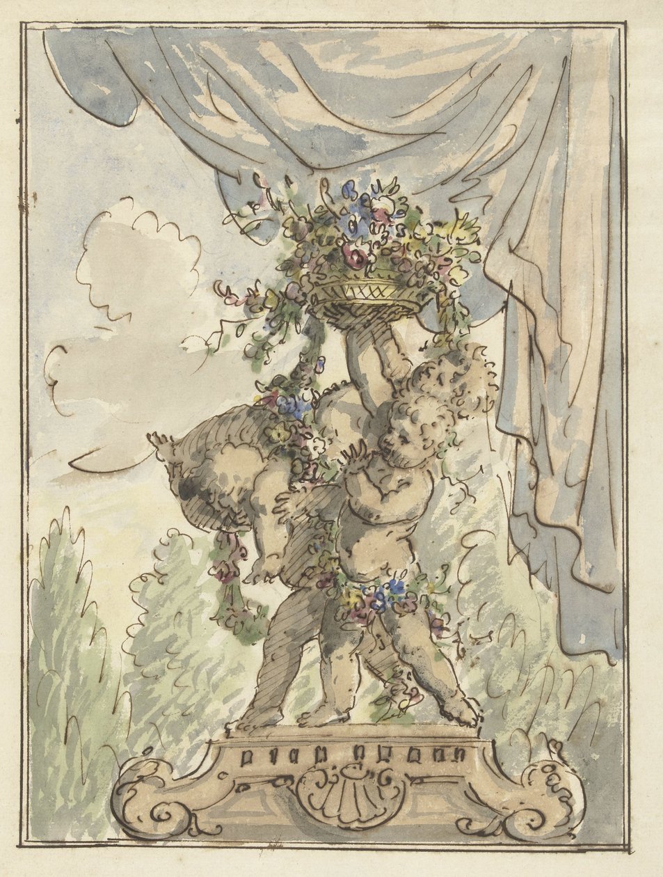 Tři putti s květinovým košem od Elias van Nijmegen