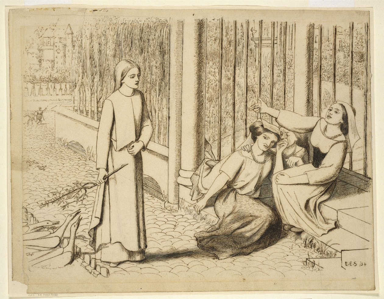 Pippa Passes, 1854 (pero a hnědý inkoust na špinavě bílém papíře) od Elizabeth Eleanor Siddal