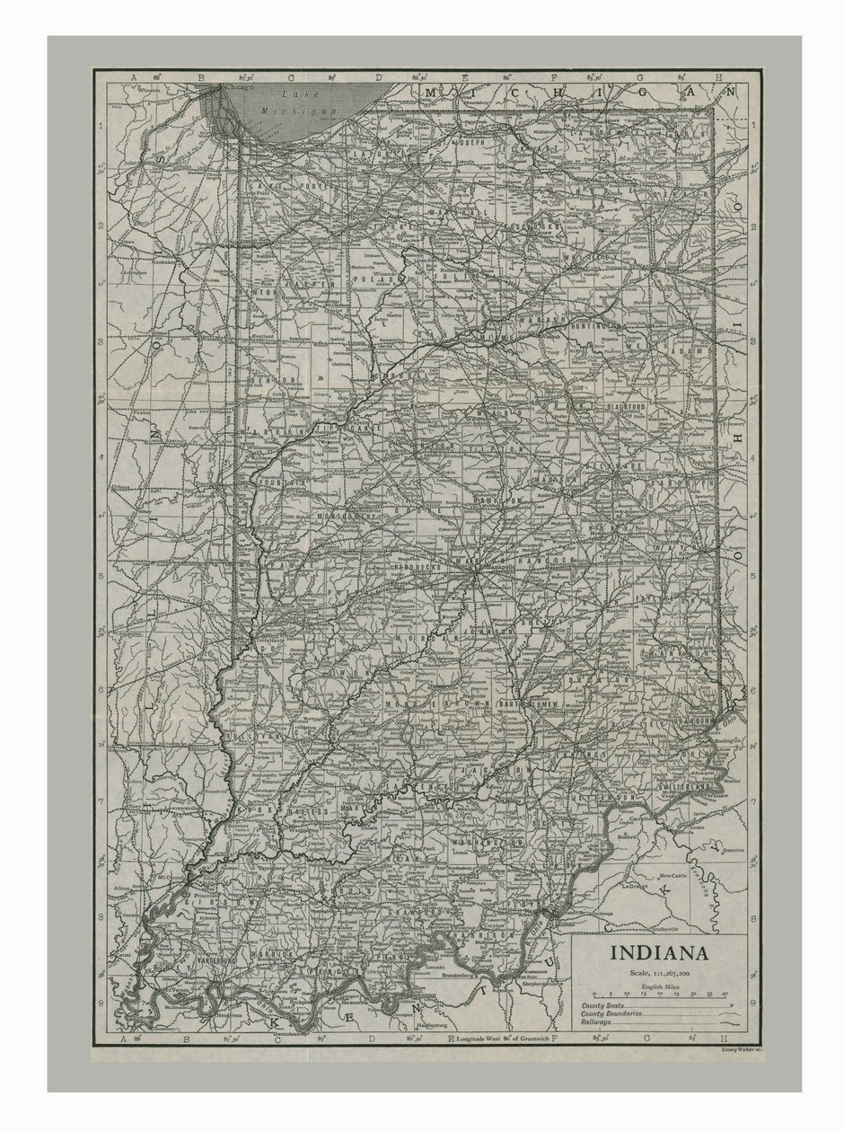 Mapa Indiany, USA, c1900 od Emery Walker