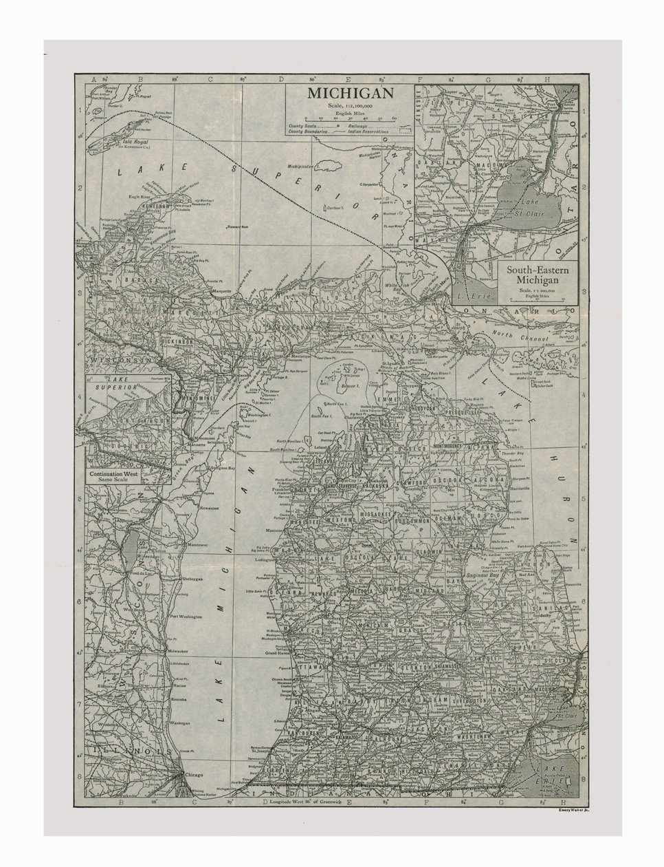 Mapa Michiganu, USA, c1900. od Emery Walker