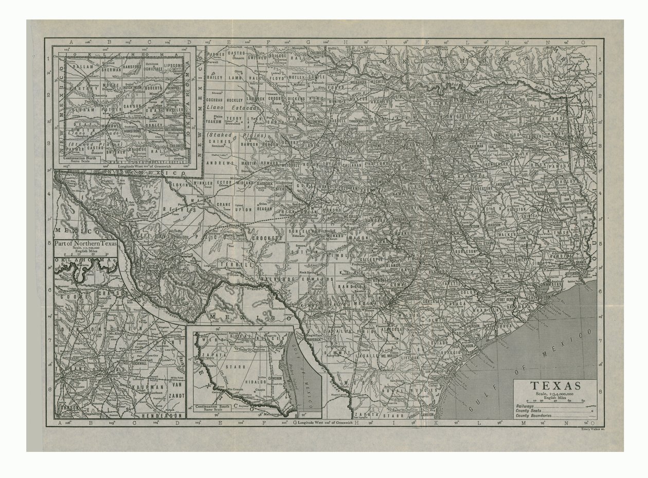 Mapa Texasu, USA, c1910. od Emery Walker