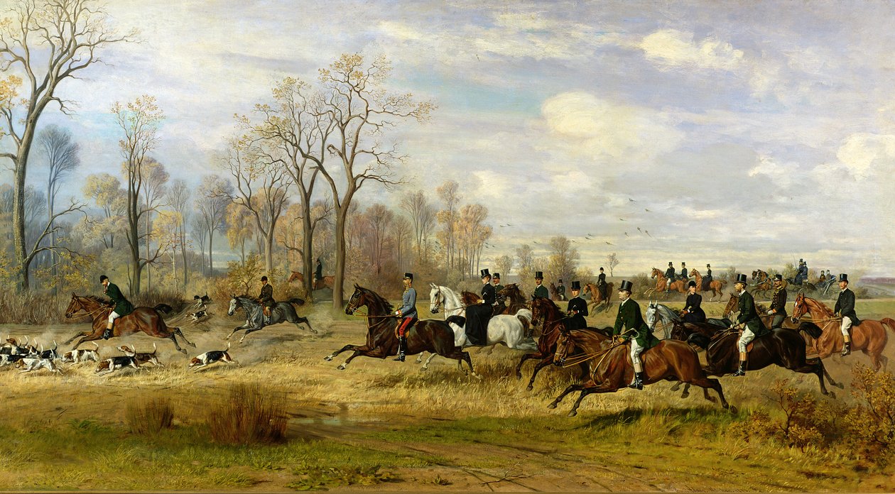 Rakouský císař František Josef I. na lovu na hony s hraběnkou Larisch ve Slezsku, 1882 od Emil Adam