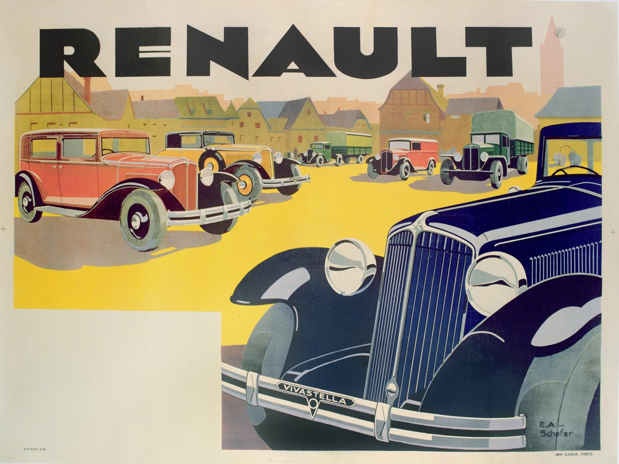 Reklama na motorové vozy Renault, kolem roku 1920 od Emile Andre Schefer